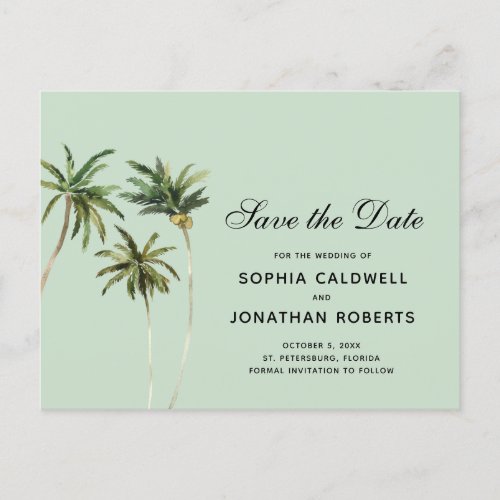 Watercolor Palm Trees Tropical Save the Date Announcement Postcard