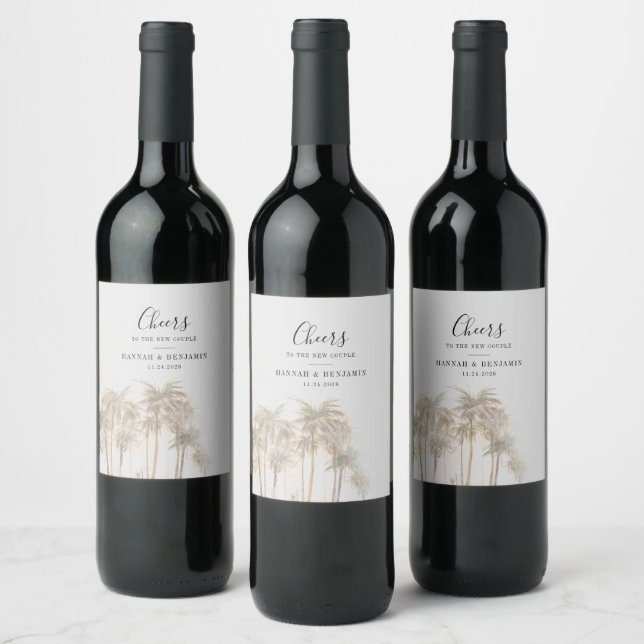 Watercolor Palm Trees Tropical Wedding Reception Wine Label (Bottles)