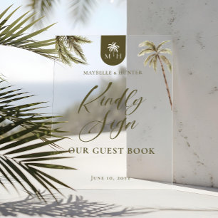 Watercolor Palm Trees Wedding Monogram Guest Book Acrylic Sign