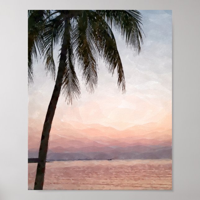 Watercolor Palm Tropical Beach Sunset Poster (Front)