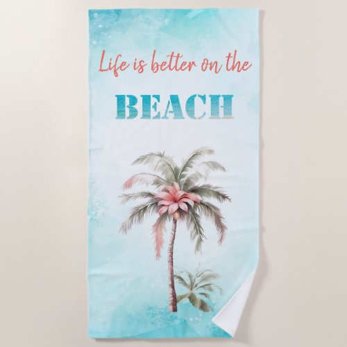 Watercolor Palm Tropical Flowers Beach Towel