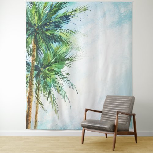 Watercolor Palms Tropical Beach Tapestry
