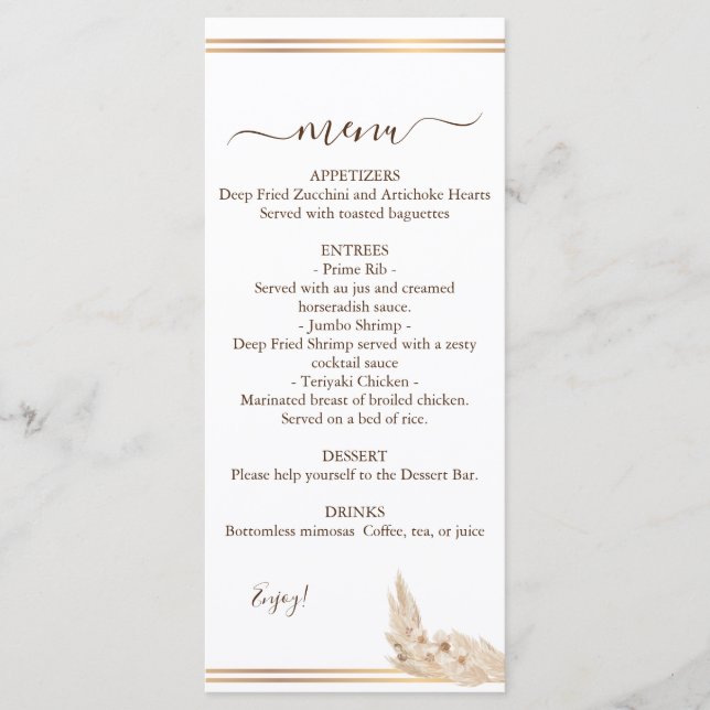 Watercolor Pampa Grass Wedding Menu (Front)