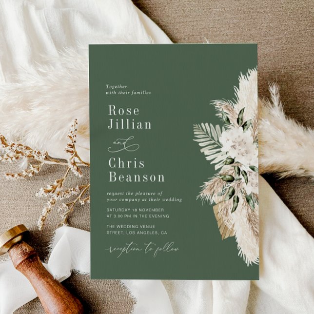 Watercolor Pampas Floral Sage Green Wedding Invitation (Creator Uploaded)