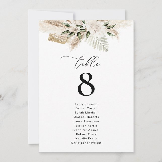 Watercolor Pampas Floral Table Number (Front)