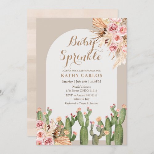 Watercolor pampas grass and Cactus Baby Sprinkle Invitation