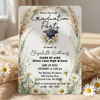 Watercolor Pampas Grass Daisies Graduation Party Invitation
