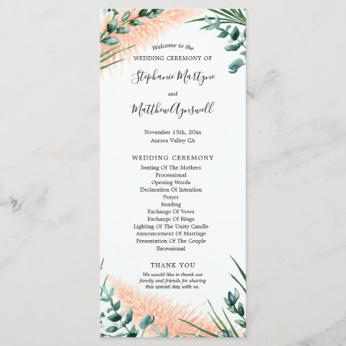 Watercolor Pampas Grass Foliage Wedding Ceremony Program