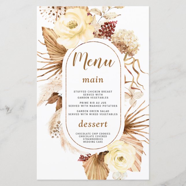 Watercolor Pampas Grass Ivory Floral Birthday Menu (Front)