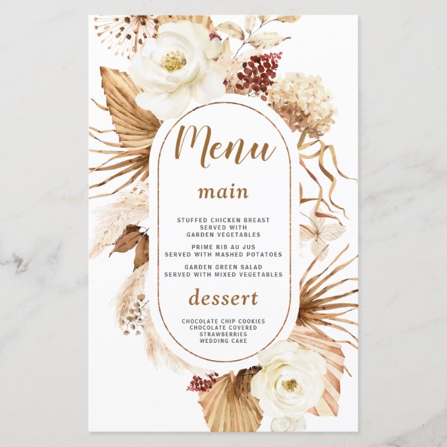 Watercolor Pampas Grass White Floral Birthday Menu (Front)