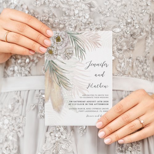 Watercolor Pampas Grass  White Floral Wedding  Invitation