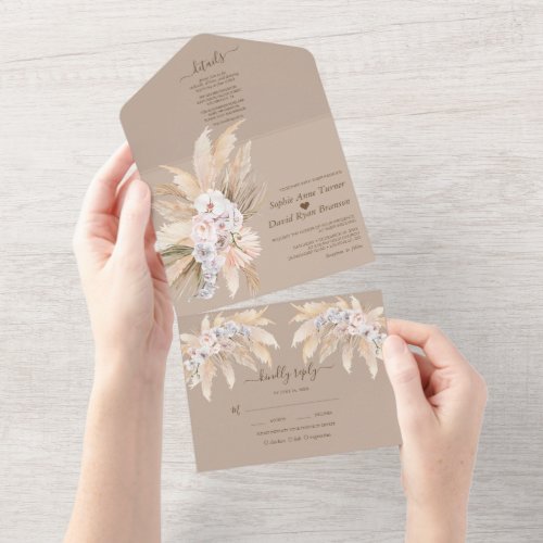 Watercolor Pampas Grass White Orchid Roses Wedding All In One Invitation