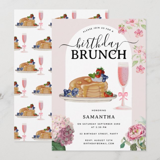 Watercolor Pancakes Berries Brunch Birthday Party Invitation (Front/Back)