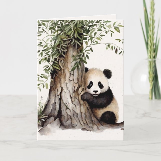 Watercolor Panda Bear By Tree Card (Front)