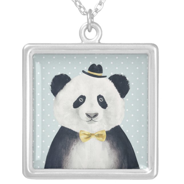 Watercolor Panda Bear Silver Plated Necklace (Front)