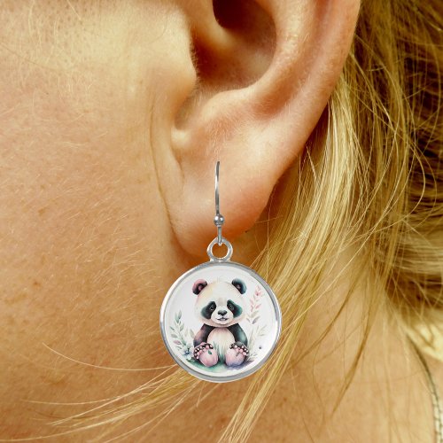 Watercolor Panda Bear Silver Round Earrings