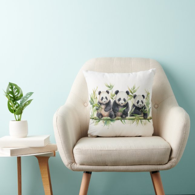 Watercolor Panda Bear Triplets Throw Pillow (Chair)