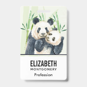 Watercolor Panda Bears Mom & Baby in Bamboo Badge
