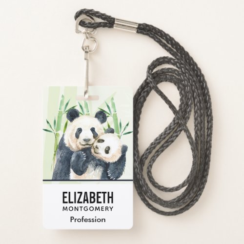 Watercolor Panda Bears Mom  Baby in Bamboo Badge