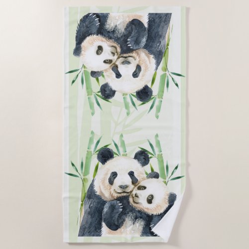 Watercolor Panda Bears Mom  Baby in Bamboo Beach Towel