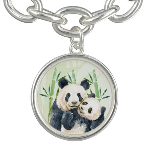 Watercolor Panda Bears Mom  Baby in Bamboo Bracelet