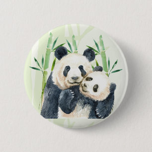 Watercolor Panda Bears Mom & Baby in Bamboo Button