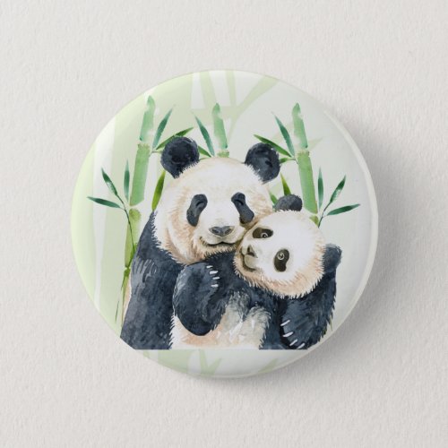 Watercolor Panda Bears Mom  Baby in Bamboo Button