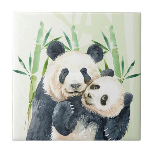 Watercolor Panda Bears Mom  Baby in Bamboo Ceramic Tile