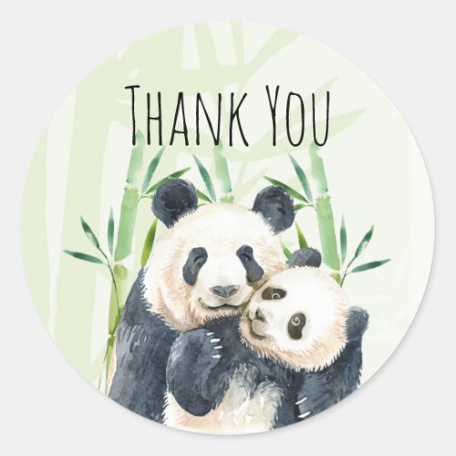 Watercolor Panda Bears Mom  Baby in Bamboo Classic Round Sticker