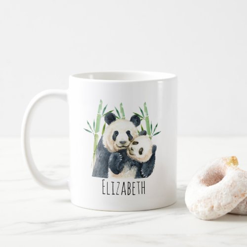 Watercolor Panda Bears Mom  Baby in Bamboo Coffee Mug
