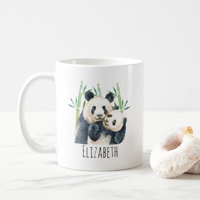 Watercolor Panda Bears Mom & Baby in Bamboo Coffee Mug (With Donut)