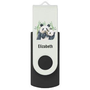 Watercolor Panda Bears Mom & Baby in Bamboo Flash Drive