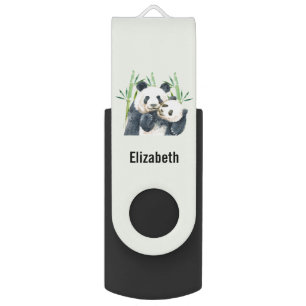Watercolor Panda Bears Mom & Baby in Bamboo Flash Drive