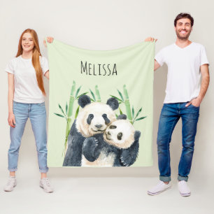 Watercolor Panda Bears Mom & Baby in Bamboo Fleece Blanket