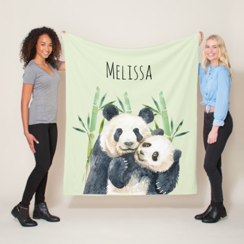 Watercolor Panda Bears Mom  Baby in Bamboo Fleece Blanket
