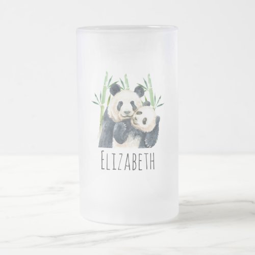 Watercolor Panda Bears Mom  Baby in Bamboo Frosted Glass Beer Mug