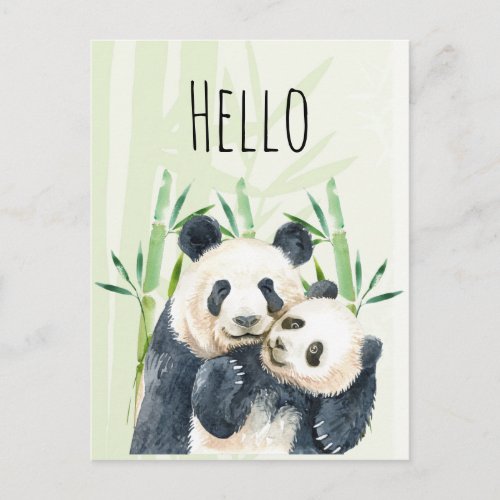 Watercolor Panda Bears Mom  Baby in Bamboo Hello Postcard