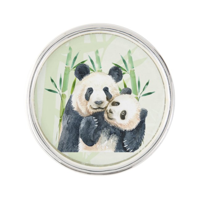 Watercolor Panda Bears Mom & Baby in Bamboo Lapel Pin (Front)