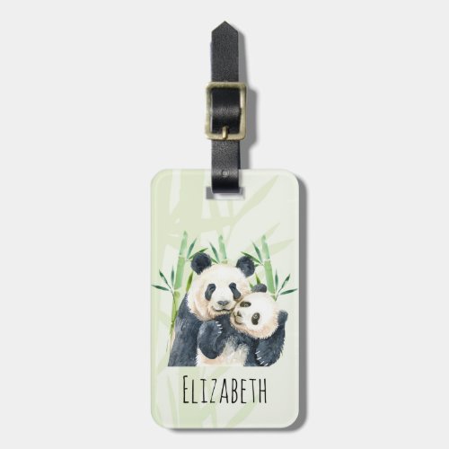 Watercolor Panda Bears Mom  Baby in Bamboo Luggage Tag