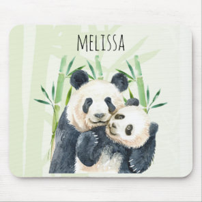 Watercolor Panda Bears Mom & Baby in Bamboo Mouse Pad
