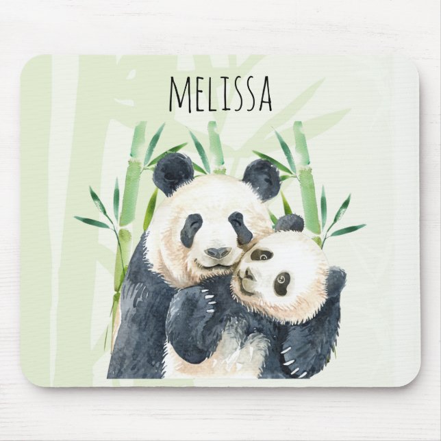 Watercolor Panda Bears Mom & Baby in Bamboo Mouse Pad (Front)