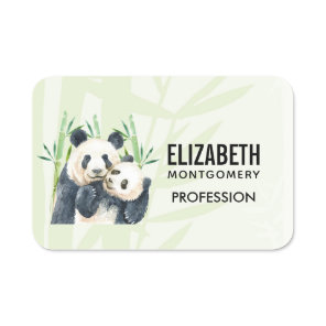 Watercolor Panda Bears Mom & Baby in Bamboo Name Tag