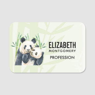 Watercolor Panda Bears Mom & Baby in Bamboo Name Tag