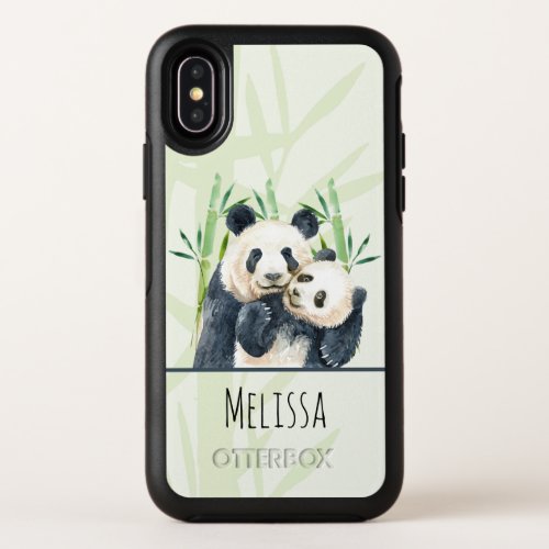 Watercolor Panda Bears Mom  Baby in Bamboo OtterBox Symmetry iPhone X Case