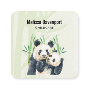 Watercolor Panda Bears Mom & Baby in Bamboo Square Business Card