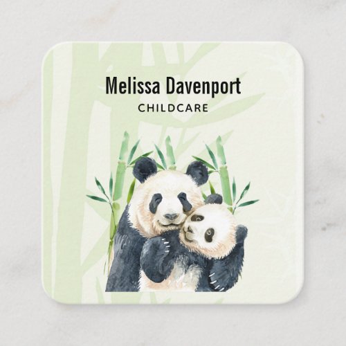 Watercolor Panda Bears Mom  Baby in Bamboo Square Business Card