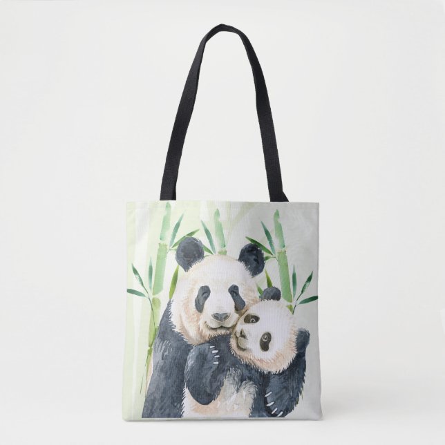 Watercolor Panda Bears Mom & Baby in Bamboo Tote Bag (Front)
