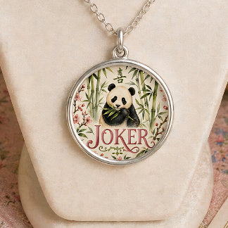 Watercolor Panda Joker Mahjong Cute  Silver Plated Necklace