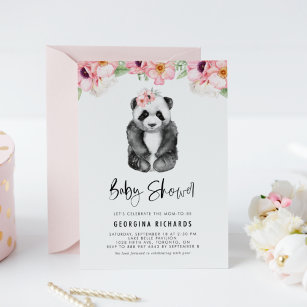 Watercolor Panda Pink Anemones Girl Baby Shower Invitation