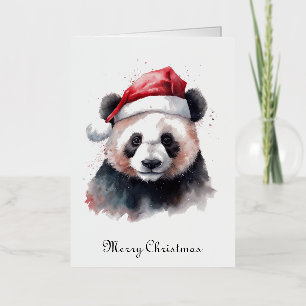 Watercolor Panda Santa Hat Merry Christmas Card